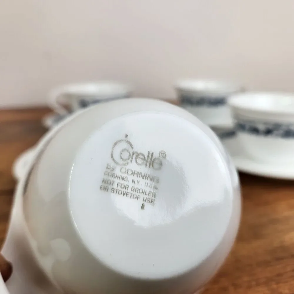 Vintage Corelle Tea Cup and Saucer Plate Old Town Blue Floral Pattern: Set of 8